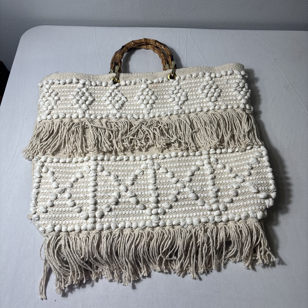 Macrame Purse Bohemian Bamboo Handles Hippie Boho Large Natural India Cotton
